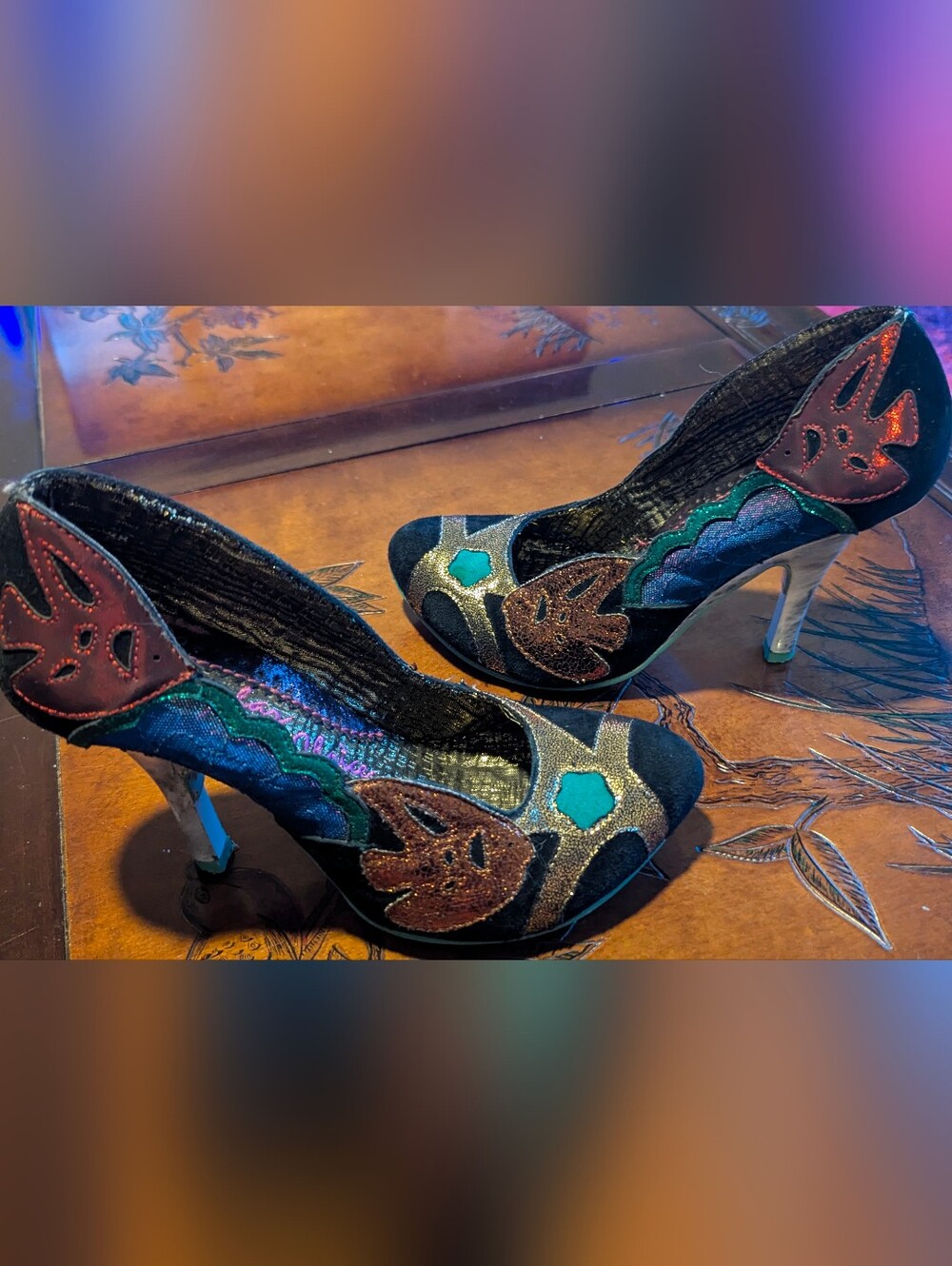 Irregular Choice Black Heels with Turquoise, Teal, Copper & Purple Fish Appliqué
